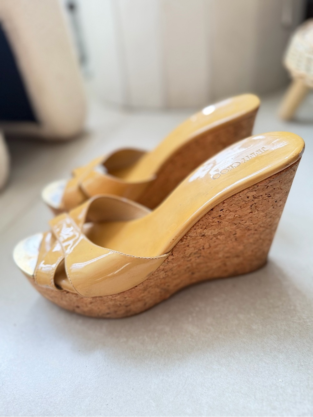 Jimmy Choo Yellow Patent Cork Wedge Sandals